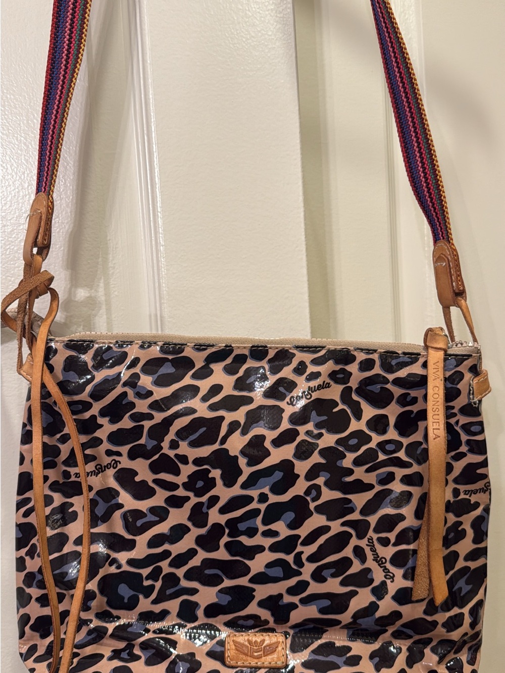 Consuela Shiny Leopard Crossbody with Multicolor Strap